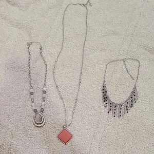 #28 set of 3 necklaces pendant long coral fringe beaded silver